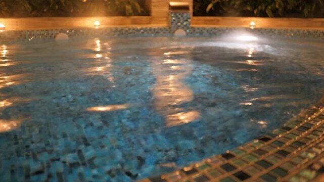 Warm glowing mosaic tile pool water reflection with bubbling surface, night outdoor spa featuring warm ambient lighting and gentle ripples creating relaxing inviting atmosphere