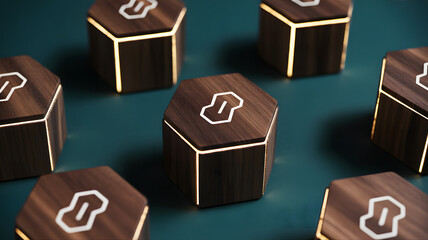 Hexagonal Wooden Blocks with Illuminated Edges and Geometric Keyhole Symbols on Teal