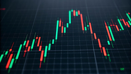 Financial data visualization with vibrant red and green candlestick charts representing market fluctuations and investment trends