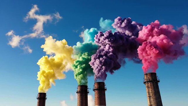 Colorful smoke billows from industrial chimneys, vibrant hues contrast against a clear blue sky, artistic expression meets environmental commentary