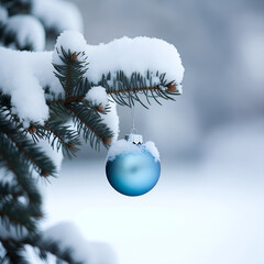 Snowy evergreen serenity with festive blue ornament in tranquil winter forest holiday scene for peaceful seasonal celebration and nature inspired decoration