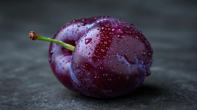 Single ripe plum with water droplets, evokes freshness and natural beauty, ideal for summer and harvest themes