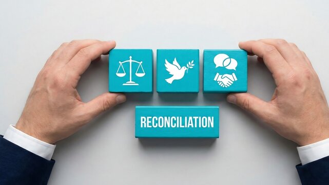 Man holding blocks with icons sees word: RECONCILIATION. Truth and reconciliation business concept ,success, law