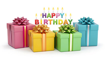Fototapeta premium Colorful birthday presents with lit candles spelling out the words happy birthday on a white background