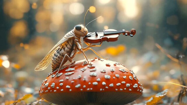 A grasshopper playing violin on a toadstool in forest