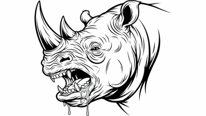 Aggressive Rhinoceros Head Mascot Illustration with Fangs and Drool Black and White Vector Art © Rum