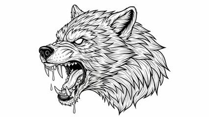 Fierce Aggressive Wolf Head Snarling Biting Illustration Black and White Graphic