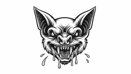 Fierce Biker Style Bat Head Illustration with Dripping Fangs Black and White Graphic