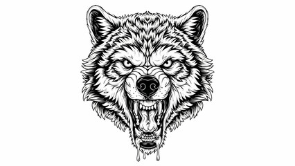 Fierce Growling Wolf Head Illustration in Black and White Sketch Style