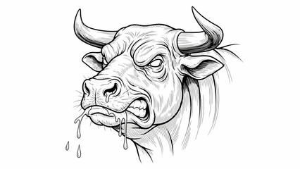 Fierce Angry Bull Head Close up Sketch Illustration Aggressive Livestock Portrait