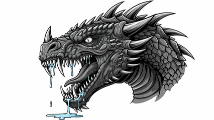Fierce Black and White Dragon Head Illustration with Icy Drool Mythology Art