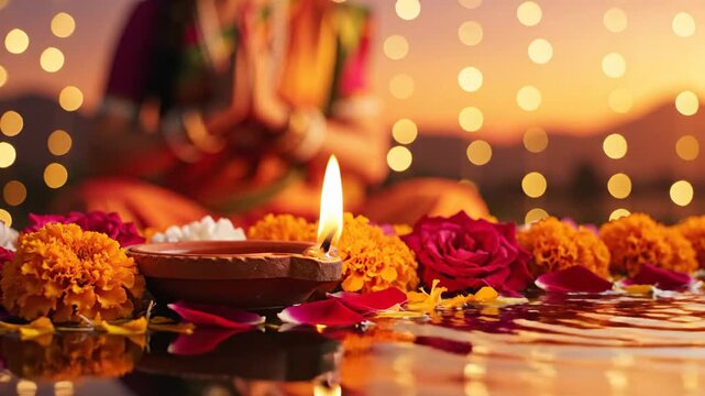 Festive Diya Lamp and Flowers Against Woman Praying at Sunset Bokeh