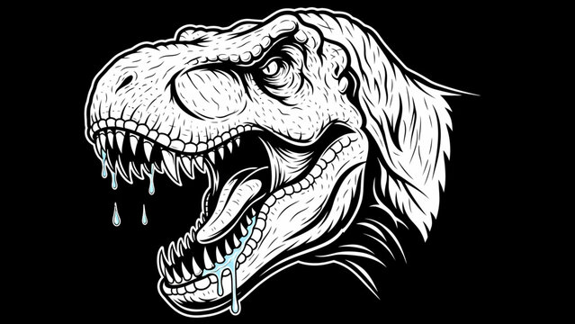 Fierce T Rex Head Outline Illustration with Dripping Saliva Black and White Graphic