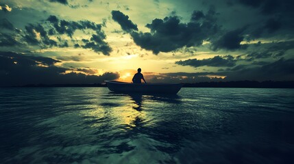 A lone kayaker paddles across a calm lake at sunset, silhouetted against a dramatic sky.