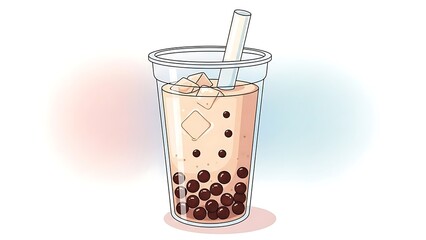 Refreshing Illustrated Bubble Tea with Chewy Tapioca Pearls and Ice in a Clear Cup, Sweet Beverage Illustration