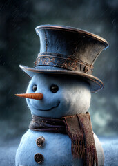 A delightful snowman, adorned with a tall black hat and a cozy scarf, smiles against a backdrop of softly falling snowflakes. The tranquil winter scene captivates the spirit of the season.