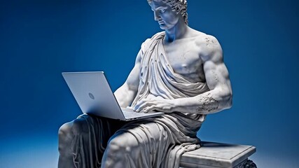 Classical statue using laptop, blend of antiquity and modern technology, evokes innovation and timelessness in digital age