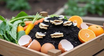 Rich compost pile made of organic materials like vegetables, fruit, and eggshells in a wooden container for healthy gardening