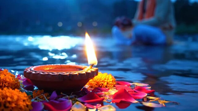 Earthen Diya Lamp Floating on Water with Flowers During Indian Festival Night