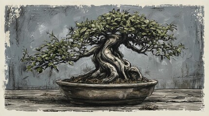Artistic charcoal-style bonsai tree illustration in a rustic pot.