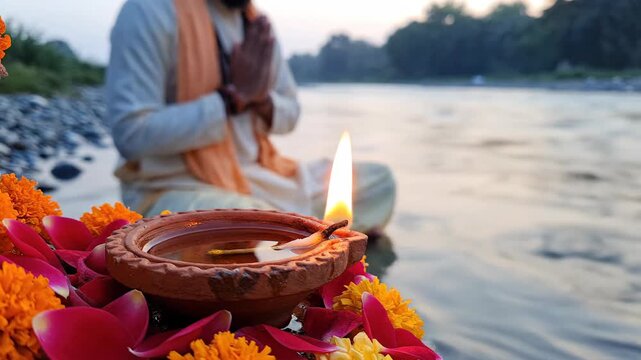 Hindu Ritual Prayer Oil Lamp Diya Riverbank Worship Festival