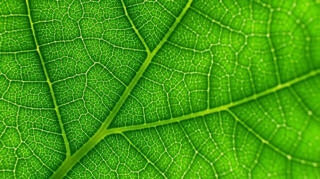 Close up of vibrant green leaf texture with intricate vein patterns
