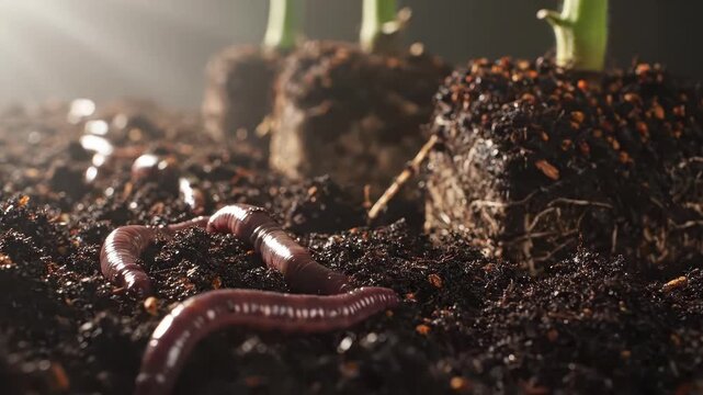 Close-up of earthworms crawling in fertile soil near young seedlings
