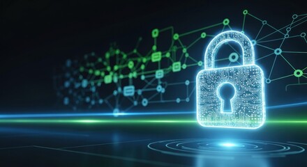 A glowing, futuristic padlock with a digital circuit board design, set against a dark, abstract background with green and blue light trails.