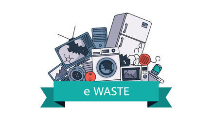 Obraz premium E-waste concept illustration with a pile of broken and discarded electronic devices and a green banner with the text 'e WASTE'.
