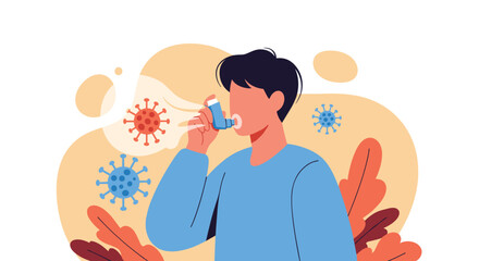 Young man using an asthma inhaler for respiratory relief, surrounded by abstract foliage and stylized virus or allergen particles.