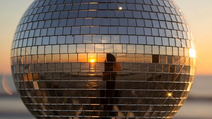 Close-up of a disco ball reflecting the warm glow of a sunset over the ocean horizon