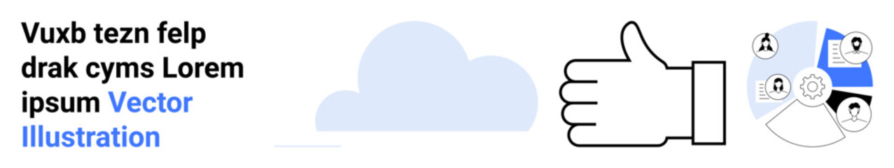 Digital communication, social networking, cloud computing, approvals, user interaction, team connection. A thumbs-up icon with connected nodes and cloud symbol. Digital communication and social