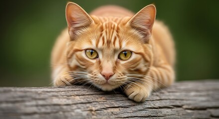 A beautiful ginger tabby cat lies on a wooden log looking intently forward.