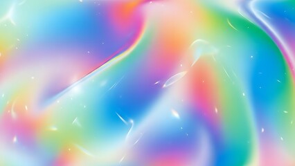 A dreamy, shimmering abstract background with a holographic and iridescent color palette, resembling soft liquid or marble with subtle highlights and small, bright light particles. Colors include past