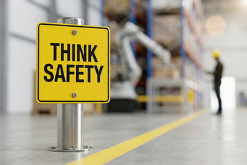 A clear yellow 'Think Safety' sign in a modern industrial warehouse, emphasizing vital workplace safety. A worker in a hard hat is in the blurred background.