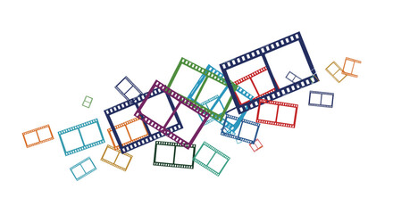 Abstract background with scattered and overlapping colorful film strips, representing cinema, movies, and the film industry.