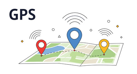 Fototapeta premium GPS navigation and location tracking concept showing a folded map with a route connecting three colorful destination pinpoints.