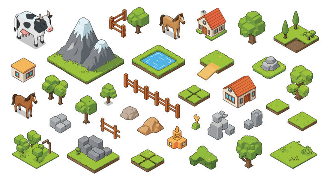 Large set of isometric pixel art assets for creating a farm or village video game, including animals, houses, trees, and terrain.