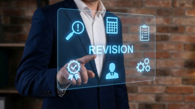 Man using virtual touch screen presses word: REVISION. Revision and inspection business finance procedure concept. Concept of important tax statistics. Assesment or crisis audit ai