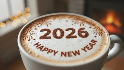 Close-up of a coffee cup featuring a frothy surface with the text 2026 Happy New Year, surrounded by festive decorations and a warm ambiance, creating a cozy celebration atmosphere