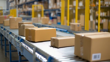 A series of cardboard boxes are moving along a conveyor belt in a spacious warehouse, showcasing an organized logistics process with shelves filled with products in the background