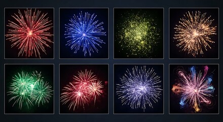 Collection of colorful fireworks exploding in the night sky display