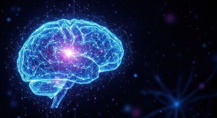 A glowing blue brain with a glowing pink core, surrounded by a network of interconnected lines and dots against a dark background.