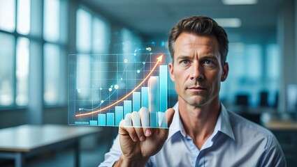 Professional man in a light blue shirt is interacting with a digital growth chart in a modern office, showcasing data analysis and strategic planning in a collaborative environment