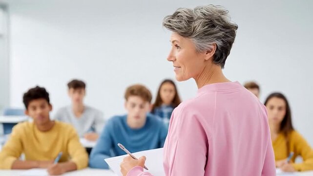 Mature woman teaching young adults, diverse classroom setting, educational environment during back-to-school season