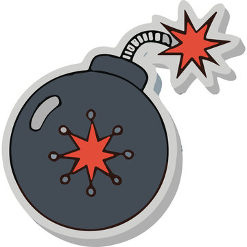 Exploding Bomb Icon Black Round Shape With Red Fuse And Stars Isolated On White Background With Gray Border Illustration