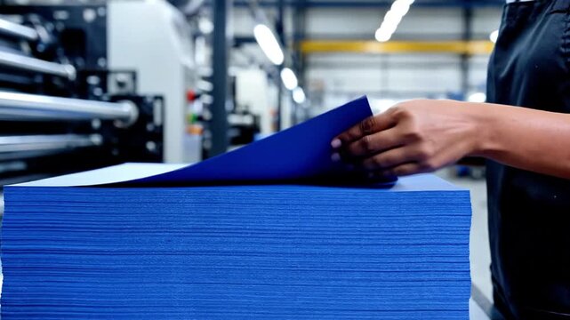 A person handles a stack of blue paper sheets in a printing environment