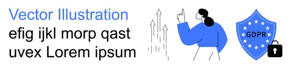 Data protection, privacy laws, digital security, compliance processes, personal information safety, cybersecurity. Person gesturing with upwards arrows and GDPR shield icon. Data protection