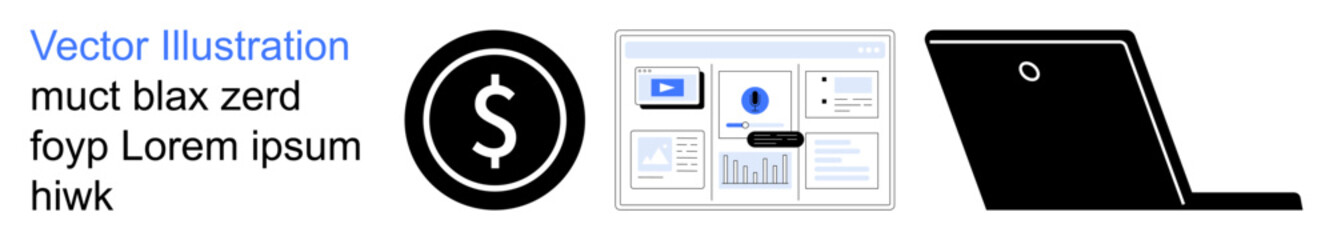 Finance, business analysis, digital tools, online transactions, technology, e-commerce. A dollar symbol inside a circle, digital dashboard screen and a laptop silhouette. Finance and business