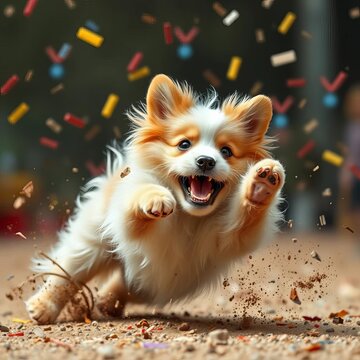 Fluffy dog attempting a majestic leap, but mid-air faceplant is inevitable; pure comedic chaos,  clumsy,  animal